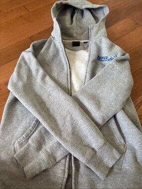 Gray Hooded Sherpa-Lined Zip Sweater with Blue Logo